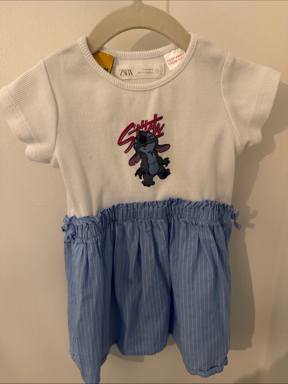 ZARA White & Light Blue Disney Stitch Patch Dress for Kids